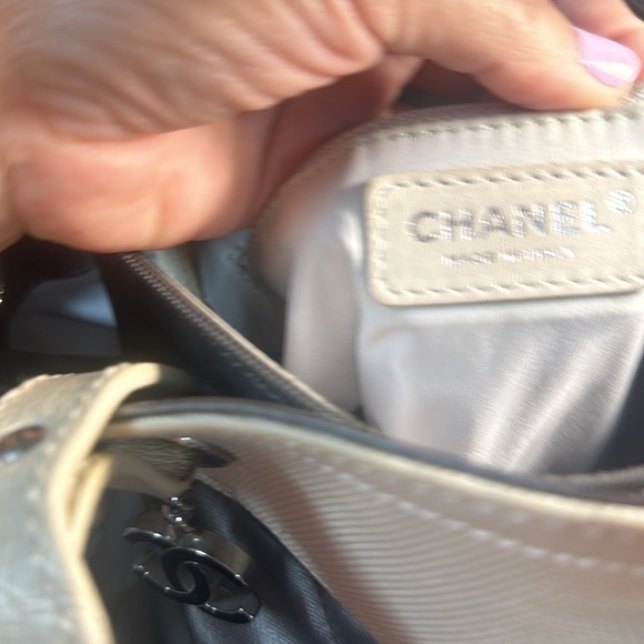 Used] CHANEL Paris Biarritz PM handbag tote bag canvas leather gray ivory/grey - Picture 14 of 16